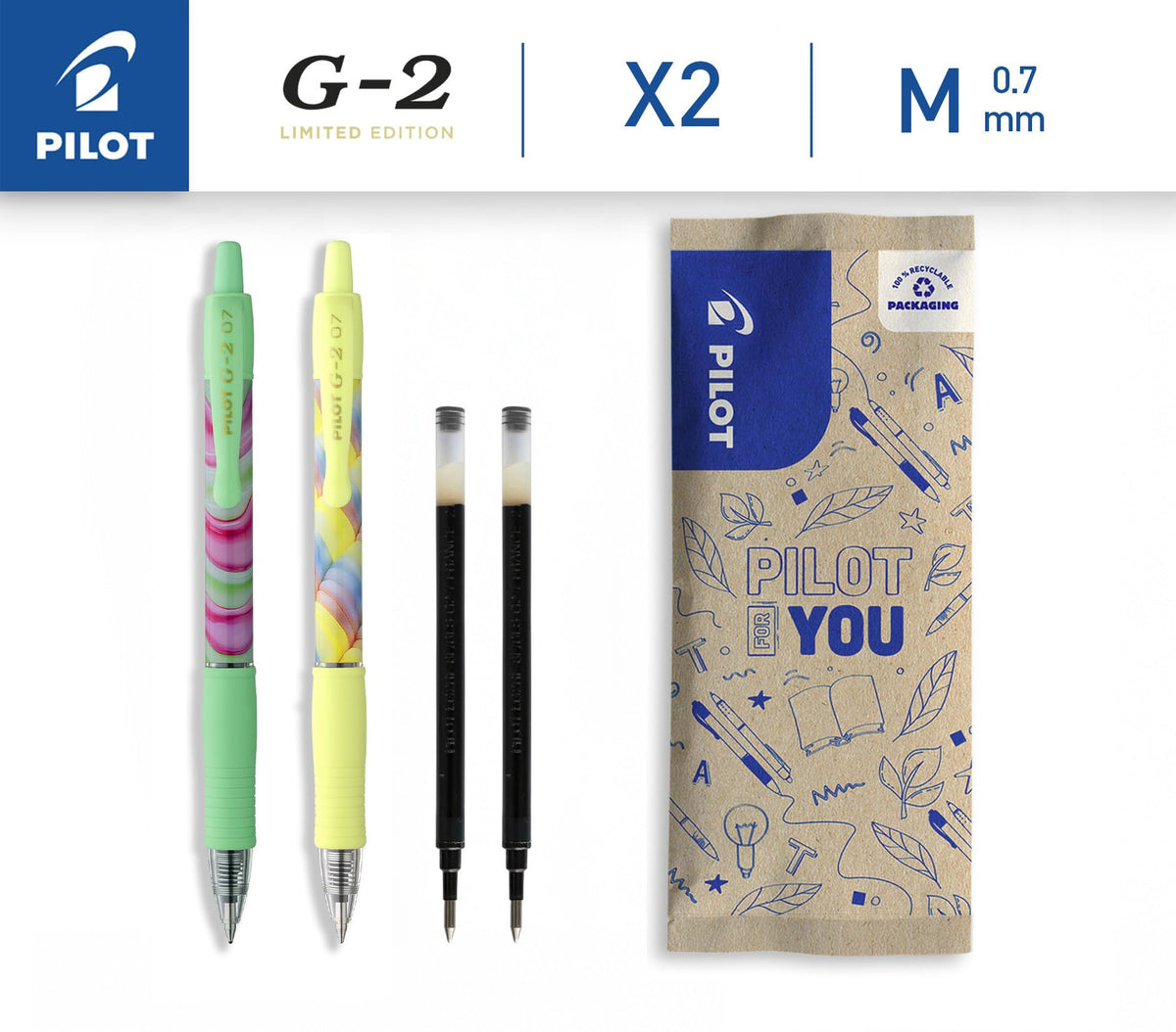 PILOT - Set of 2 G2 Flow + 2 Refills - Limited Edition - Retractable Refillable Gel Pen - Excellent