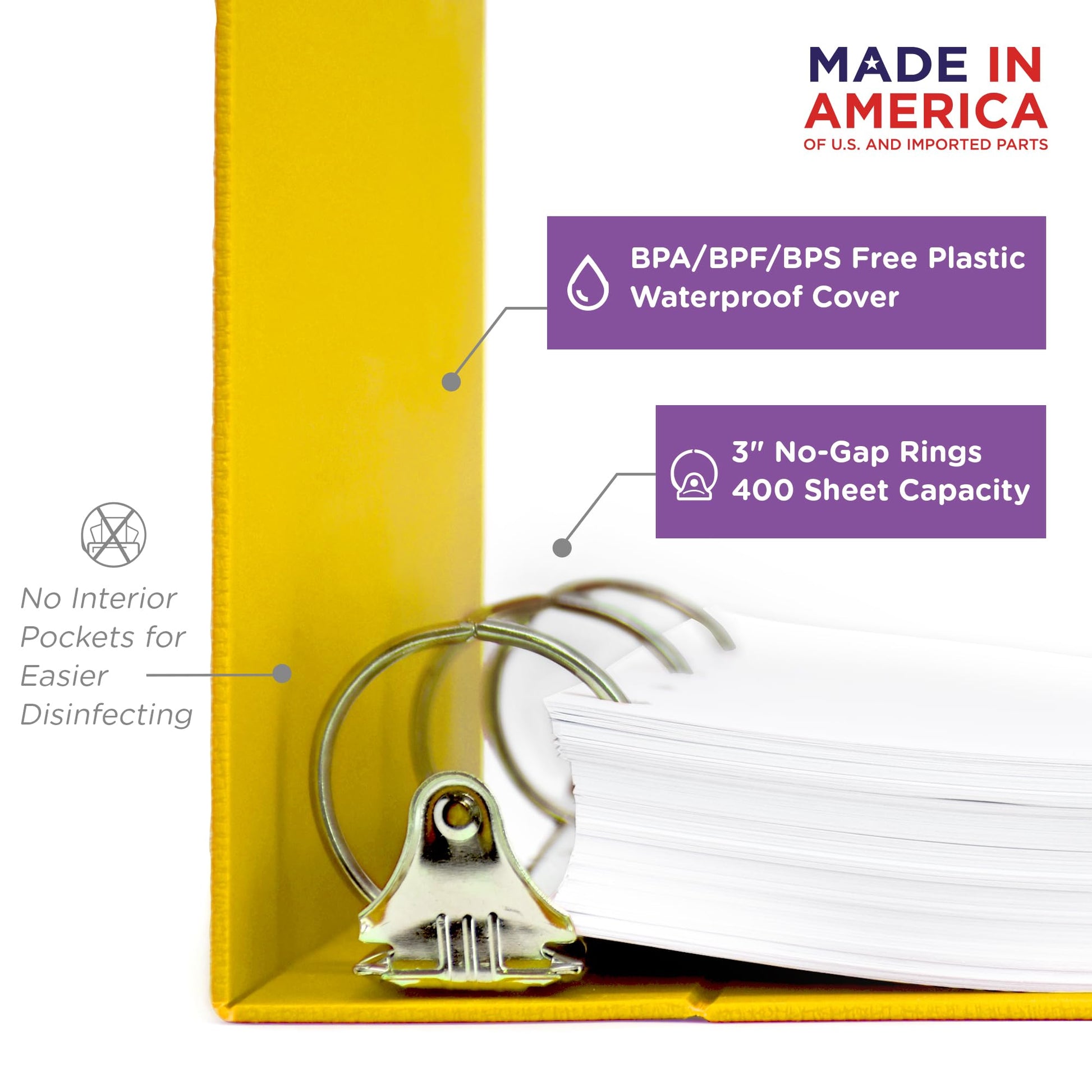 Carstens 3-Inch Heavy Duty 3-Ring Binder - Side Opening, Yellow, Durable Plastic, Precision No-Gap