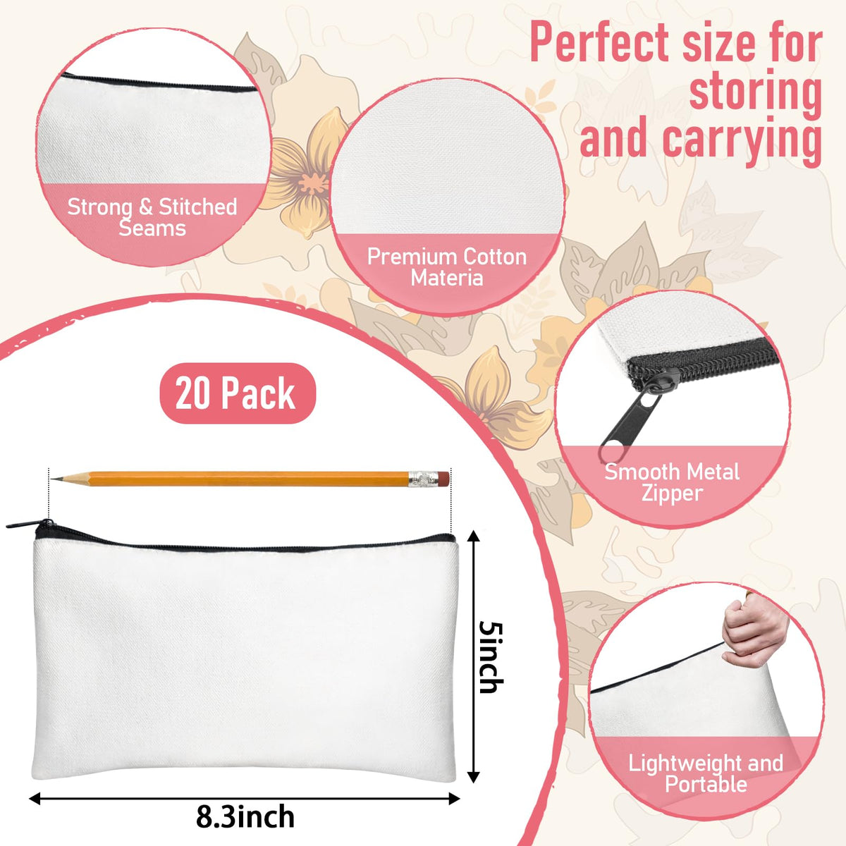 Legigo 20 Pack Blank Canvas Bag Zipper Pouch Makeup Bags Bulk- Multi-Purpose White Canvas Pencil