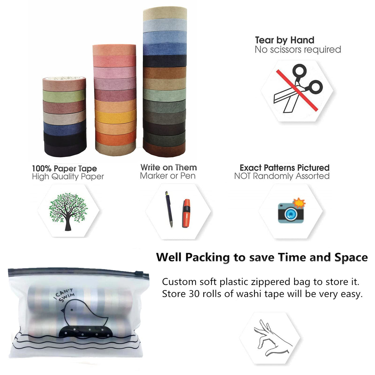 VIVIQUEN 30 Rolls Washi Tape Set Colored Masking Tape Pack Decorative Thin Tapes Children and Gifts