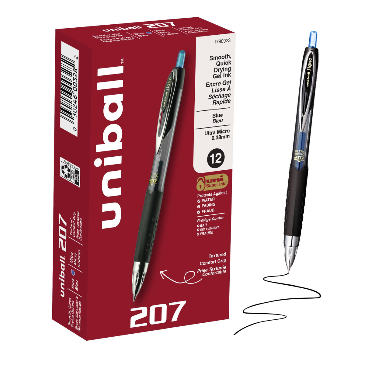 uniball™ 207 Gel Pens, Blue Ink, 0.38mm Ultra Micro Point, 12 Count