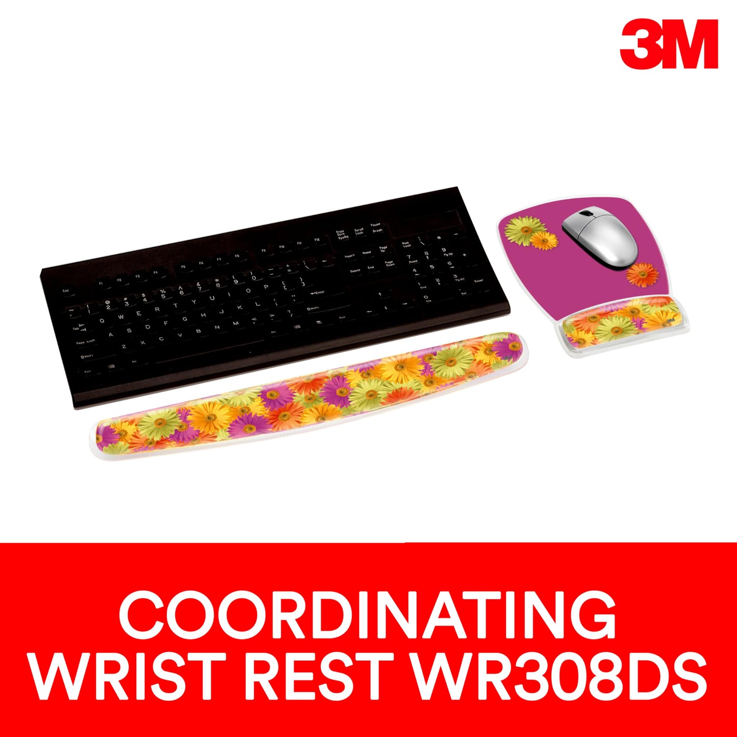 3M Gel Mousepad Wristrest, Clear Gel Daisy Design, 6.8 x 8.6 x 0.75 in