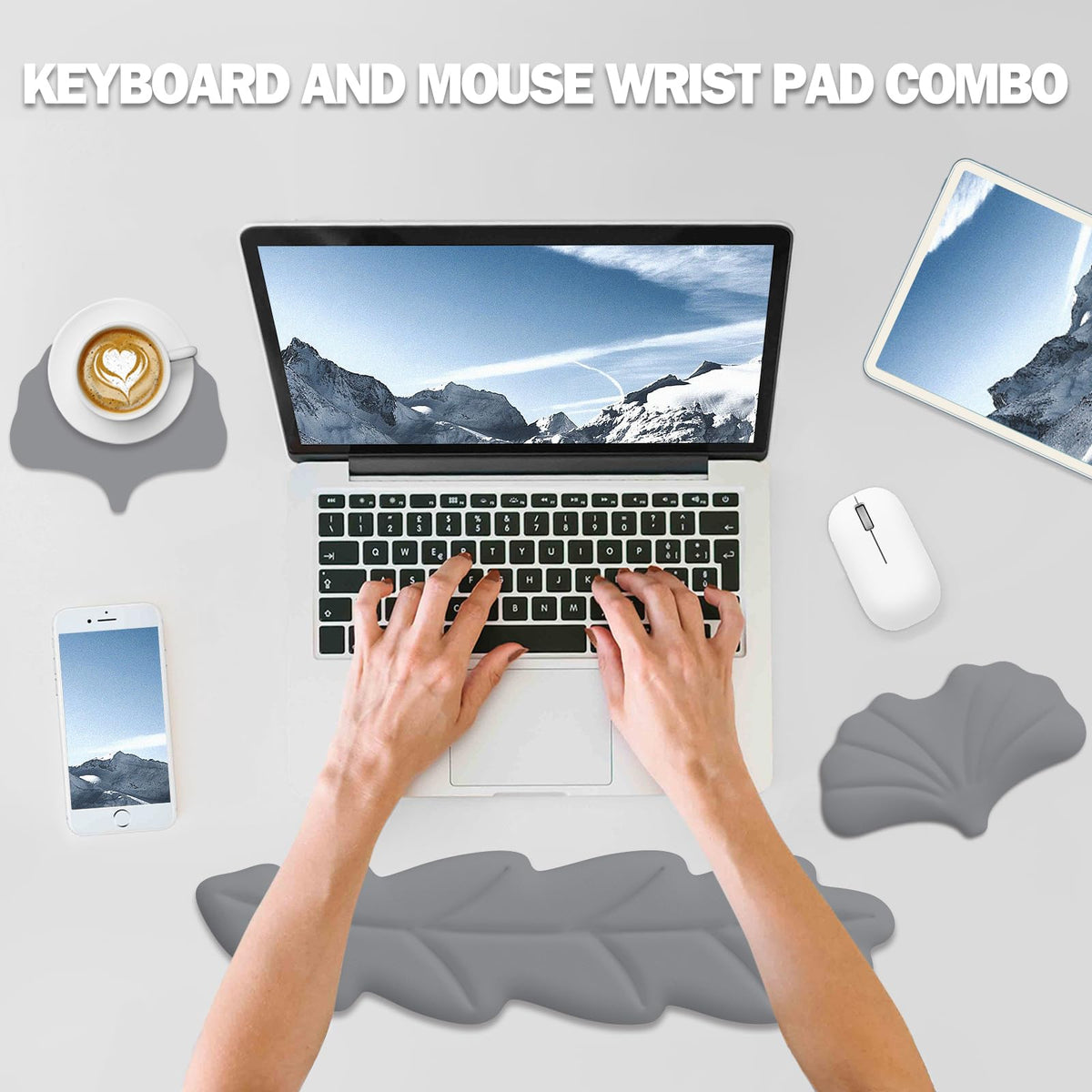 Lauspuck Keyboard Wrist Rest Pad Set, Leaf Shape PU Leather Memory Foam Wrist Cushion Support,Mouse
