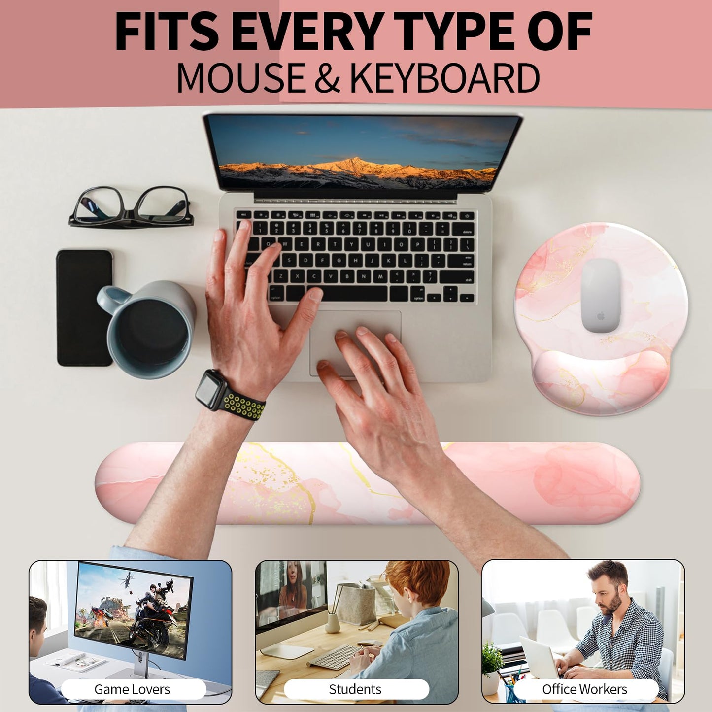 eulps Mouse Pad Wrist Support, Ergonomic Memory Foam Keyboard Wrist Pad & Gel Wrist Rest Set for
