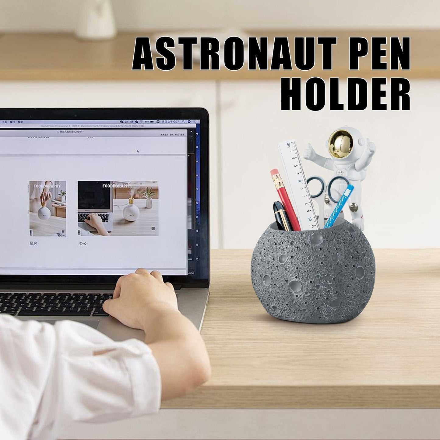 Kimdio Pen Holder, Astronaut Stand for Desk Pencil Holder, Resin Desk Moon Organizer Decorative