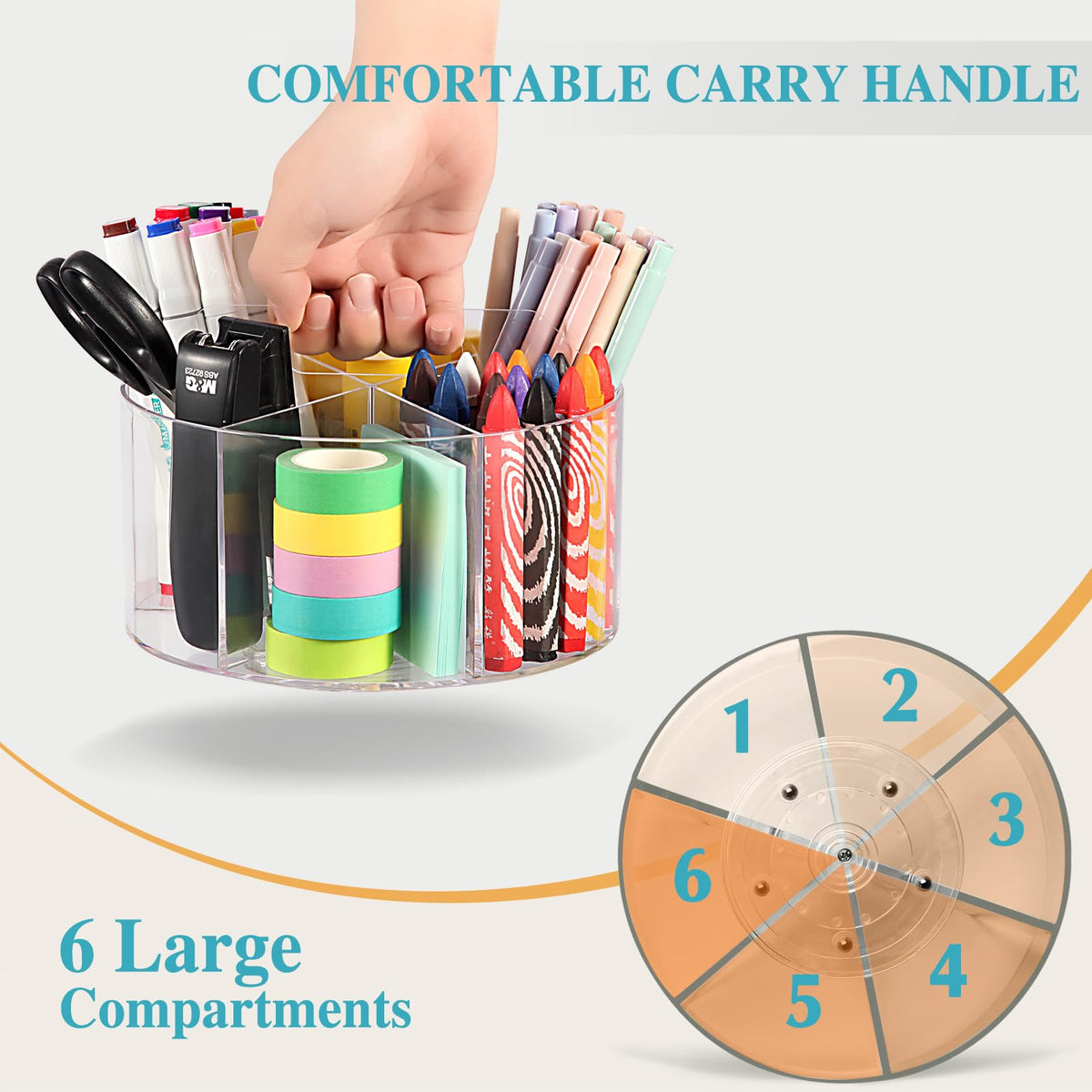 Hiborateed Large Acrylic Pen Holder for Desk, 6 Slots 360-Degree Rotating Pencil Holder Marker