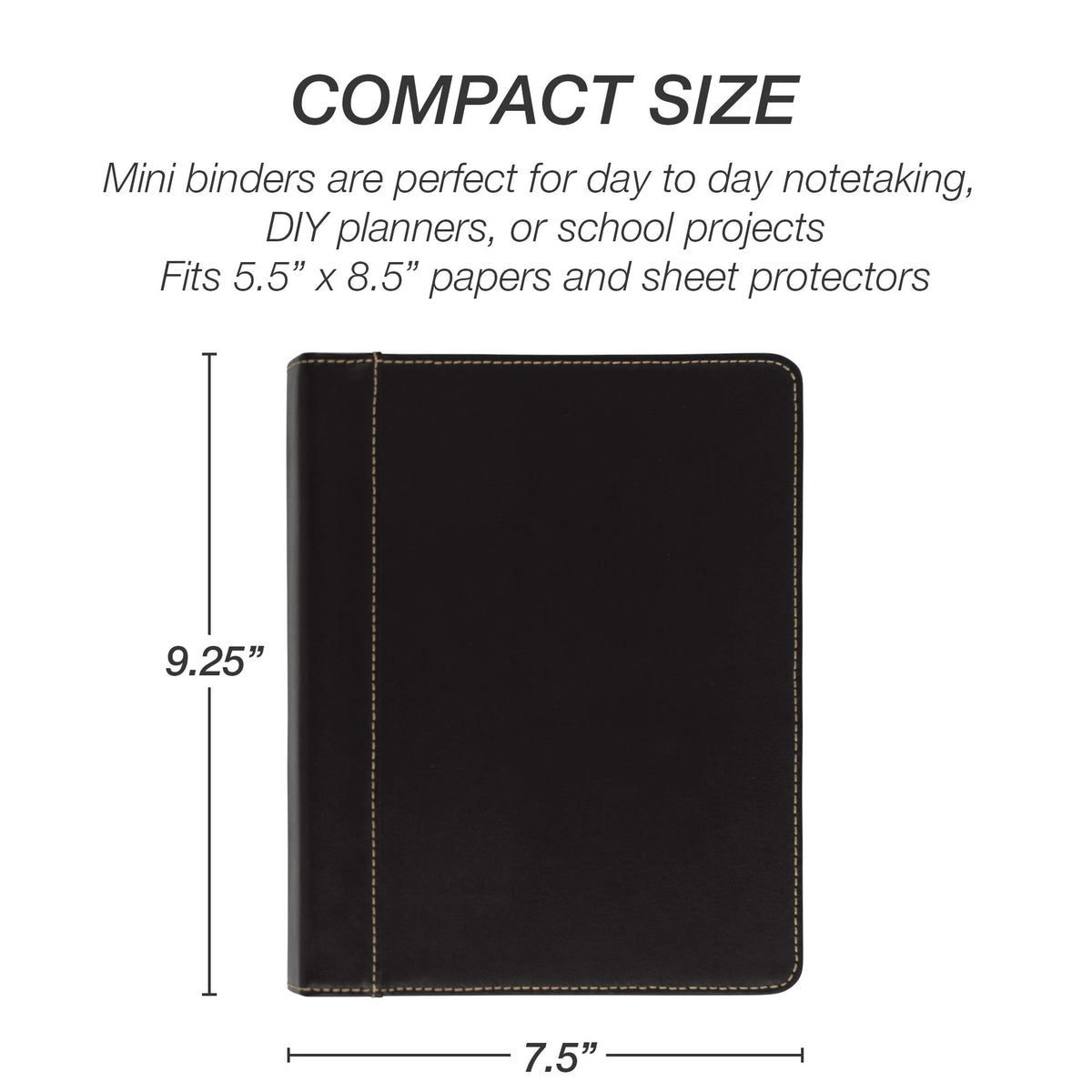 Samsill 1" Junior Size 3 Ring Binder, Leather, Black with Contrast Stitching, Holds 8.5 x 5.5
