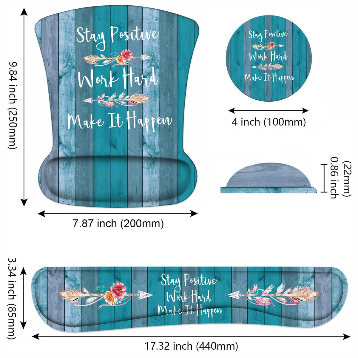 Keyboard Wrist Rest and Mouse Pad Wrist Support Set with Coasters, Stay Positive Work Hard and Make