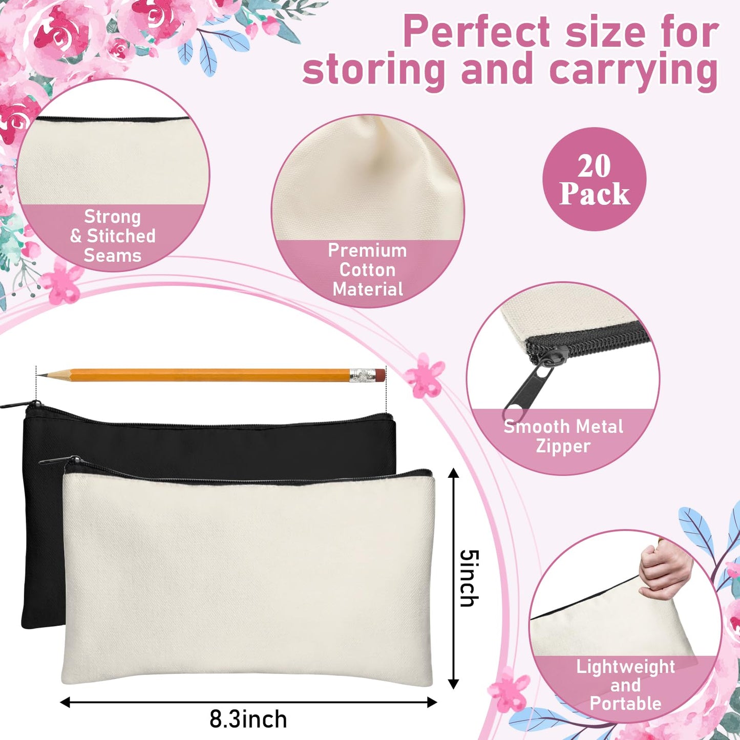 Legigo 20 Pack Blank Canvas Bags Zipper Pouch Makeup Bags Pencil Pouch Bulk