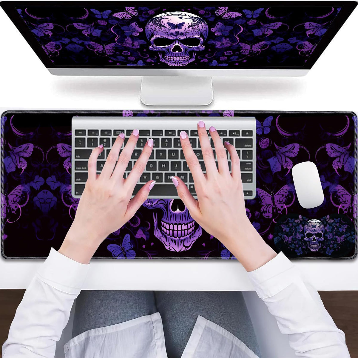3-Piece Skull Butterfly Mouse Pad Set, Including Wrist Support Pad and Cup Holder, with Waterproof