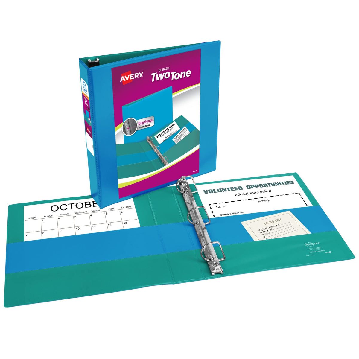 Avery Two-Tone Durable View 3 Ring Binder, 1.5 Inch Slant Rings, Pool Blue/Teal, 375 Sheet