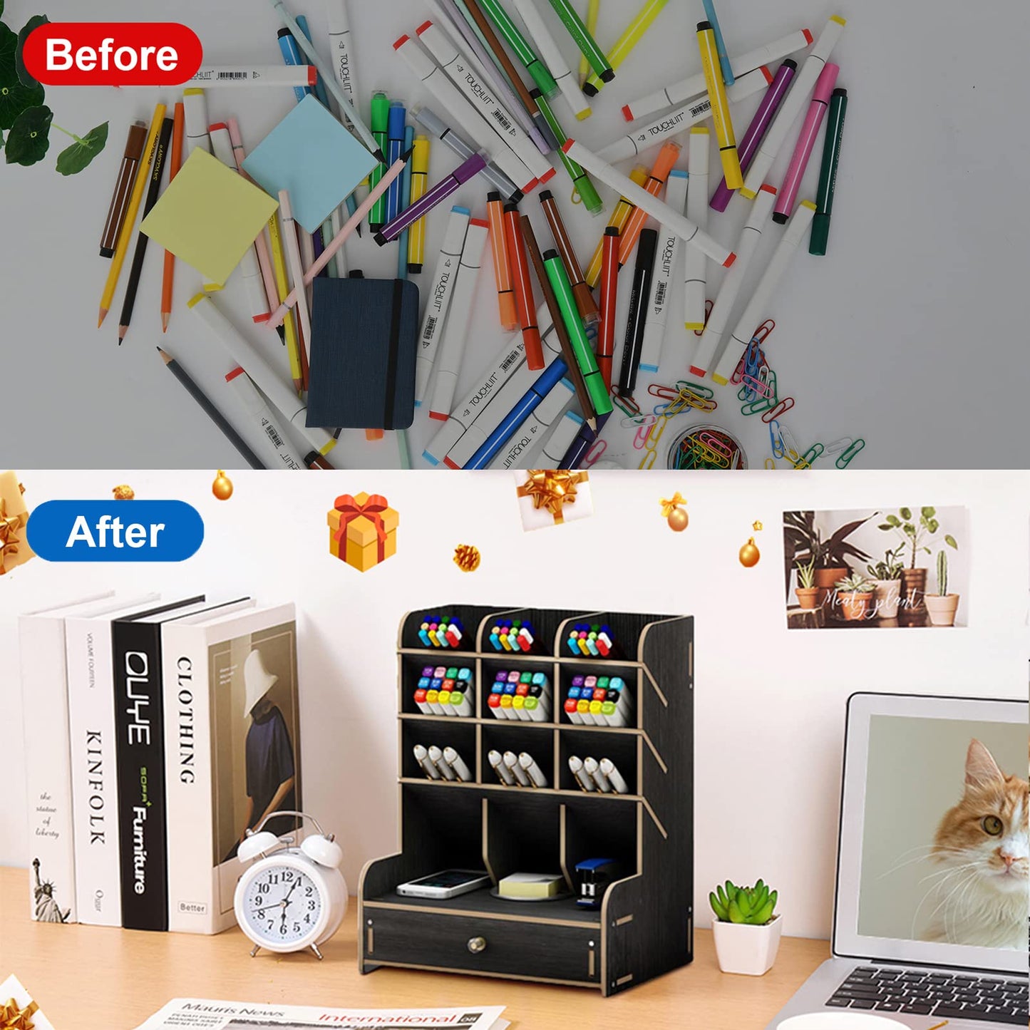 Marbrasse Wooden Desk Organizer, Multi-Functional DIY Pen Holder, Organizer for desk, Desktop