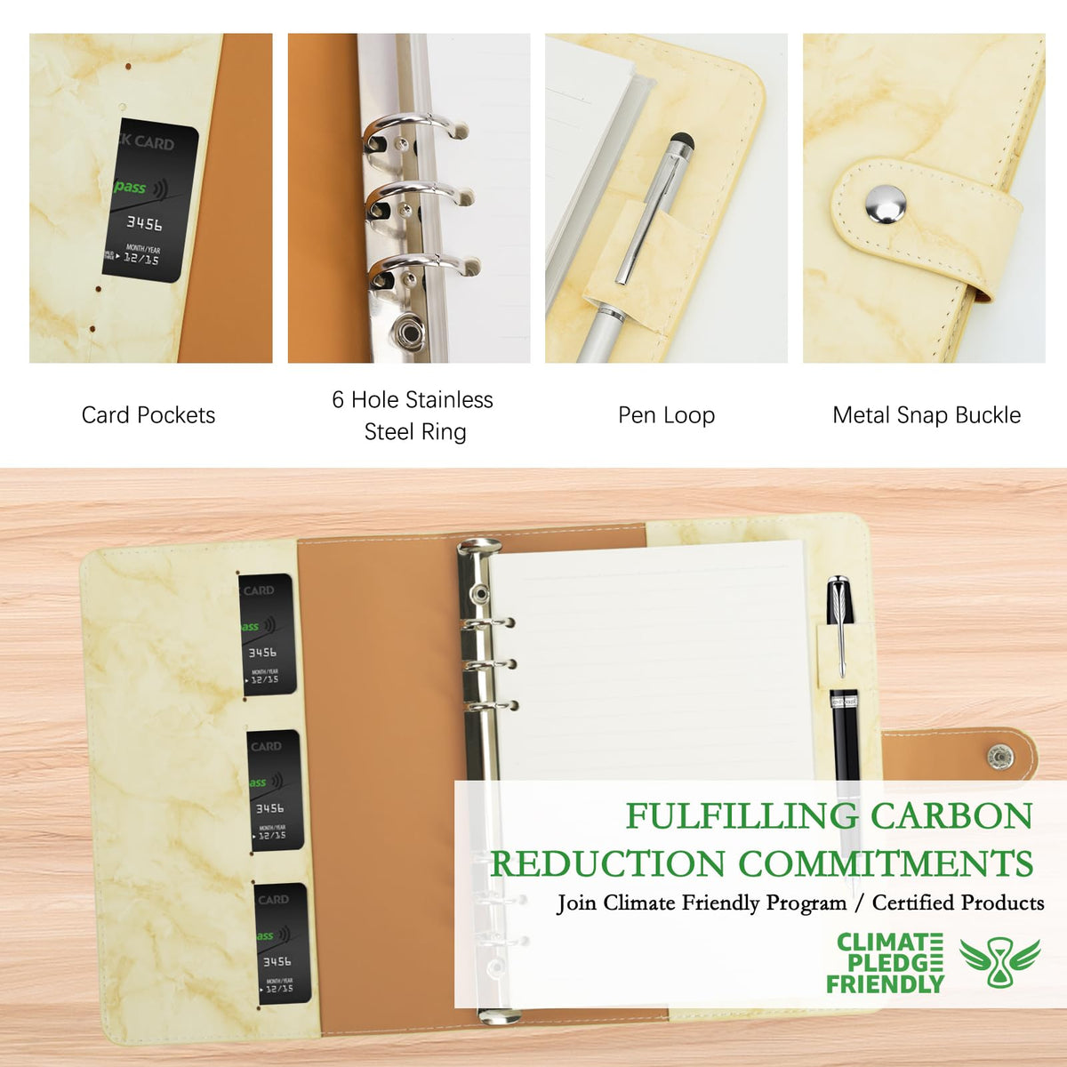 FYY A5 Binder Refillable Planner Notebook 6 Ring, Marble Yellow