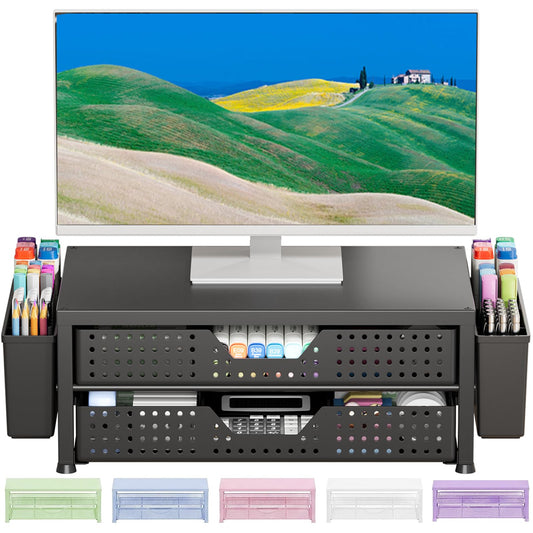 OPNICE Desk Organizer and Accessories, 2-Tier Computer Monitor Stand Riser with Drawer and 2 Pen