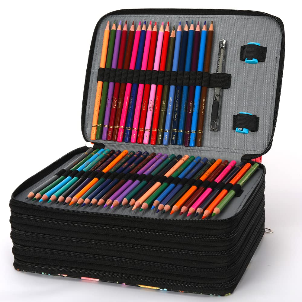 Vomgomfom 252 Slots Pencil Case 5-Layer PU Leather, Handle, Black Rose