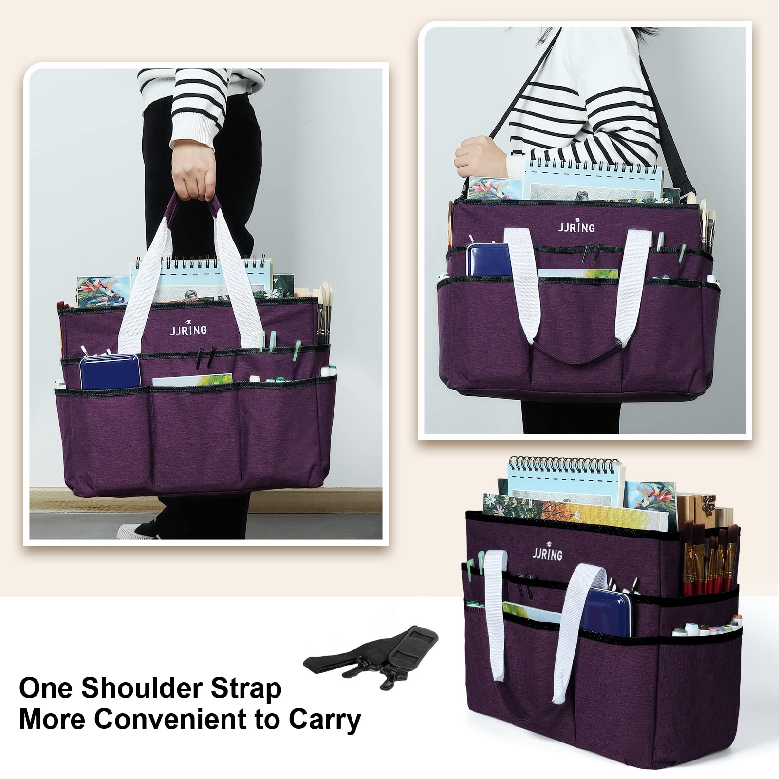 JJRING Craft Organizer Tote Bag Large Art Storage Caddy Deep Purple