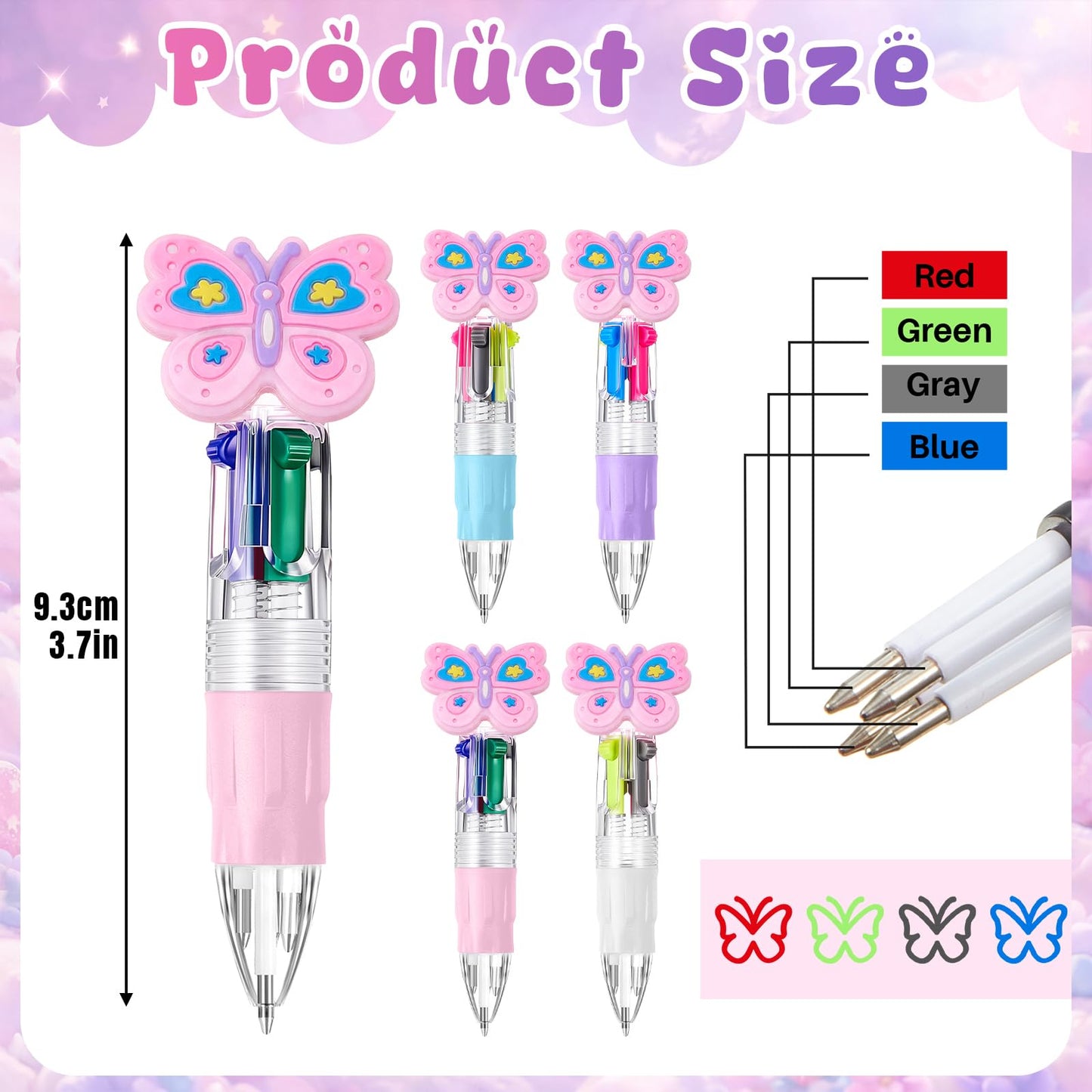 Kosiz 24 Pack Butterfly Party Favors Multicolor 4 in 1 0.5mm Ballpoint Pen