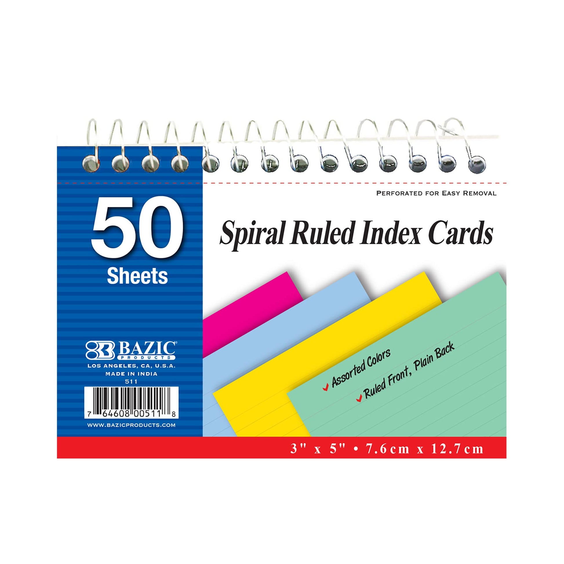 BAZIC Products Colored Spiral-Bound Index Cards, 3 x 5 in, 50 Ct, 36-Case