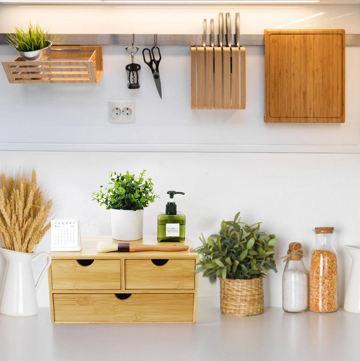 Charmewooden Bamboo Desk Organizer with 3 Drawers, Countertop Organizer with Drawers Makeup Storage