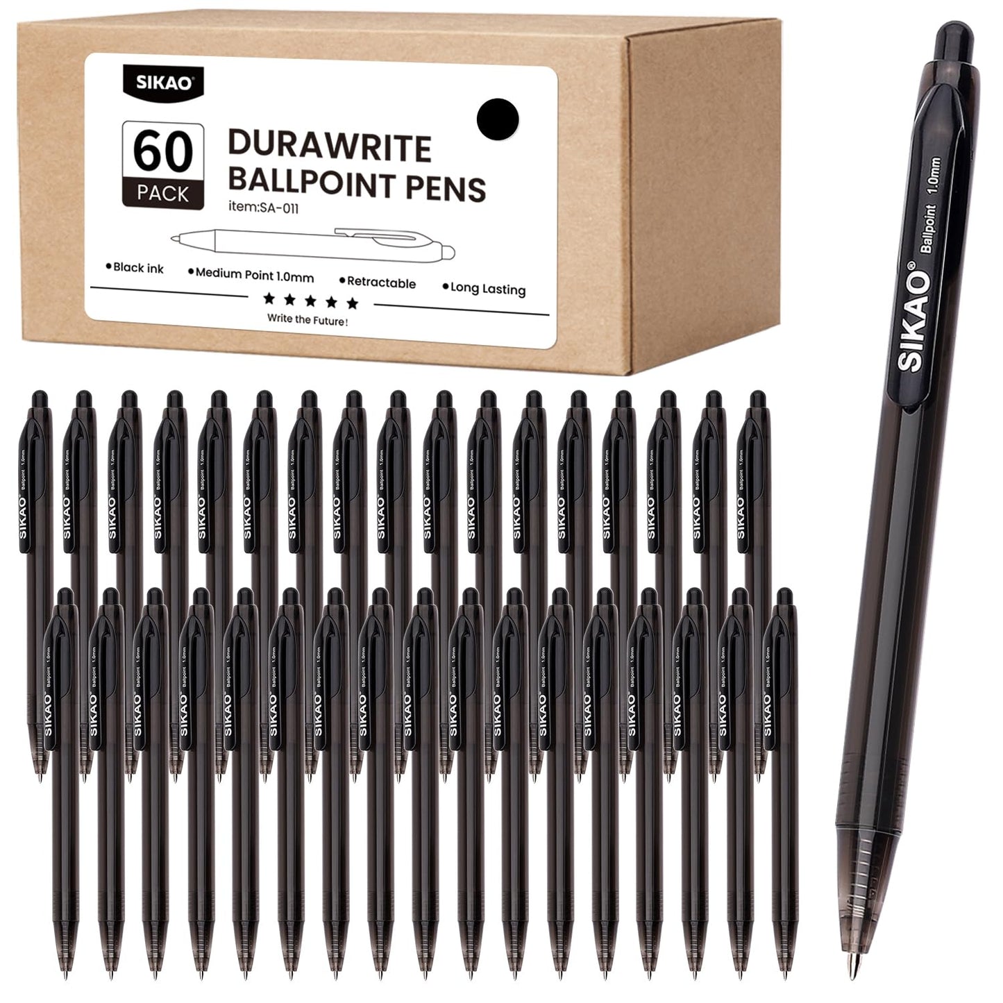 Sikao Black Pens Bulk, 60-Pack Durawrite Retractable Ballpoint Pens