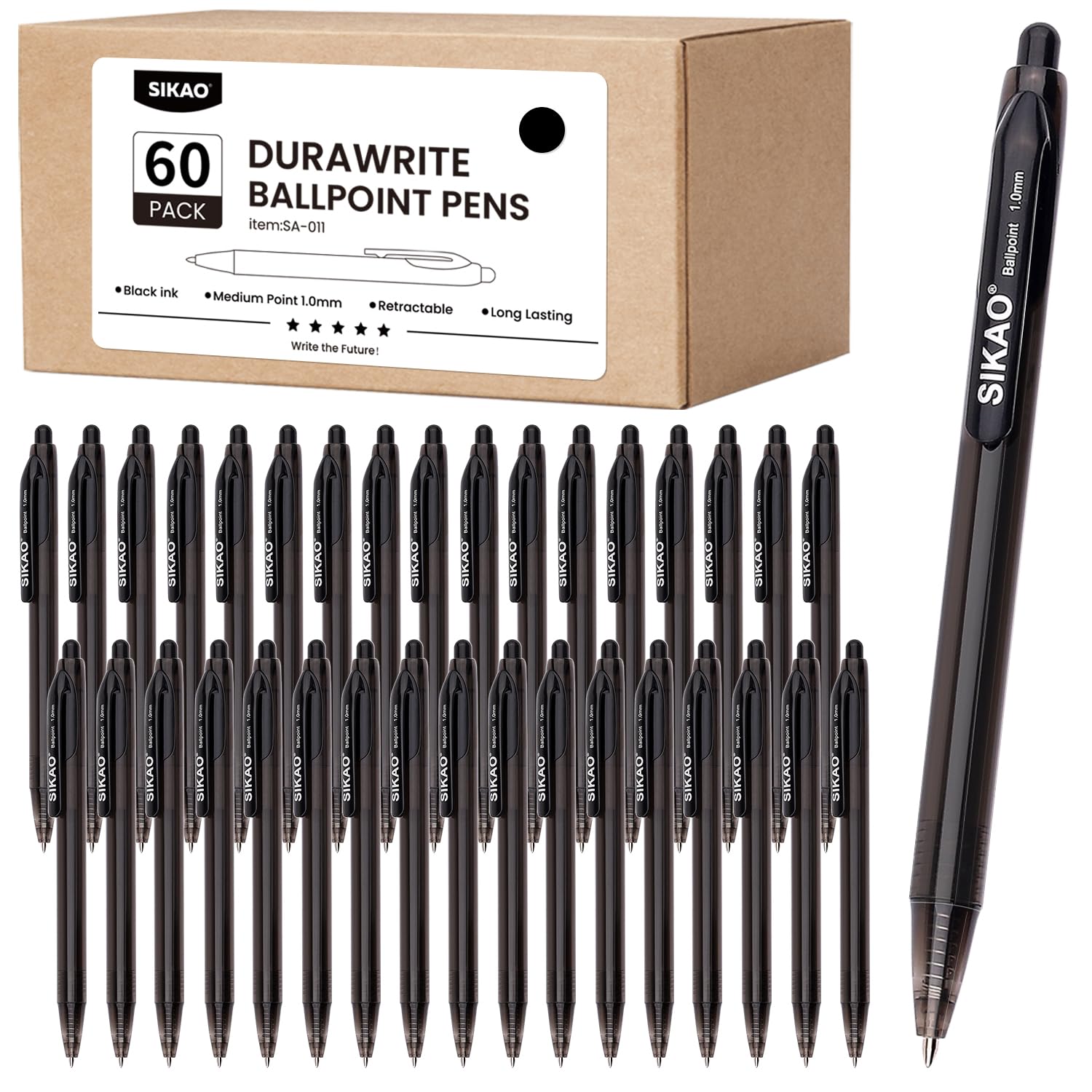 Sikao Black Pens Bulk, 60-Pack Durawrite Retractable Ballpoint Pens