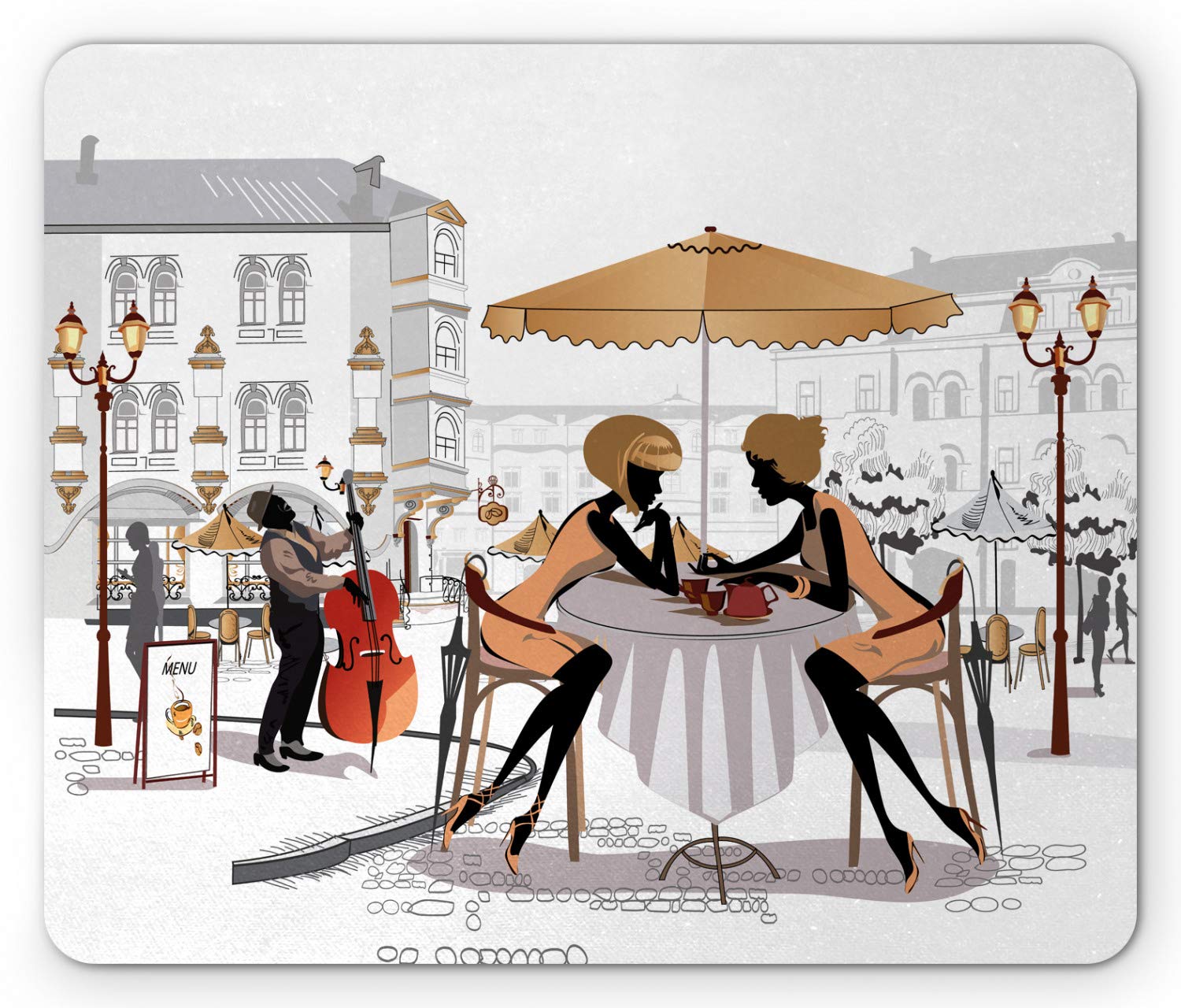 Lunarable France Mouse Pad, 2 Ladies in a Paris Cafe in Old Town with Street Musician Urban Theme