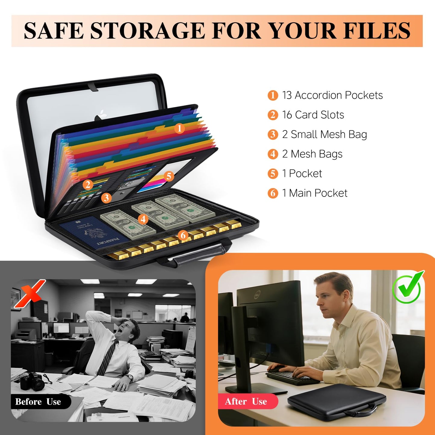 Fireproof Document Box File Organizer: Hard-Shell Case Fireproof Waterproof Box with Lock & 13