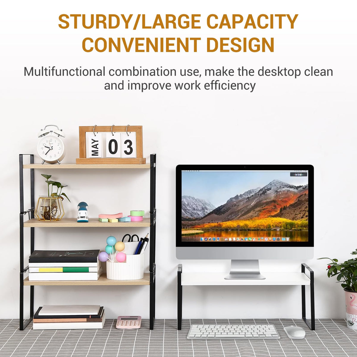 YGYQZ Desk Shelf Organizer for Top of Desk, 3-Tier Desktop Bookshelf, Black & Wood