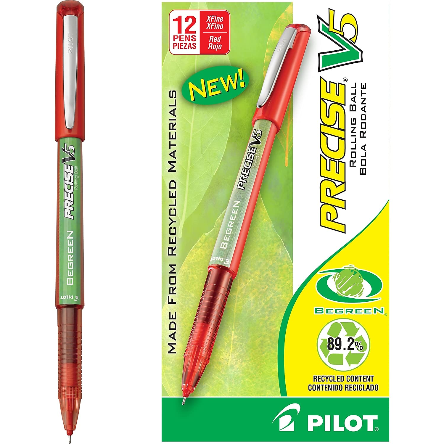 PILOT Precise V5 BeGreen Rolling Ball Stick Pens, Red Ink, 12 Count