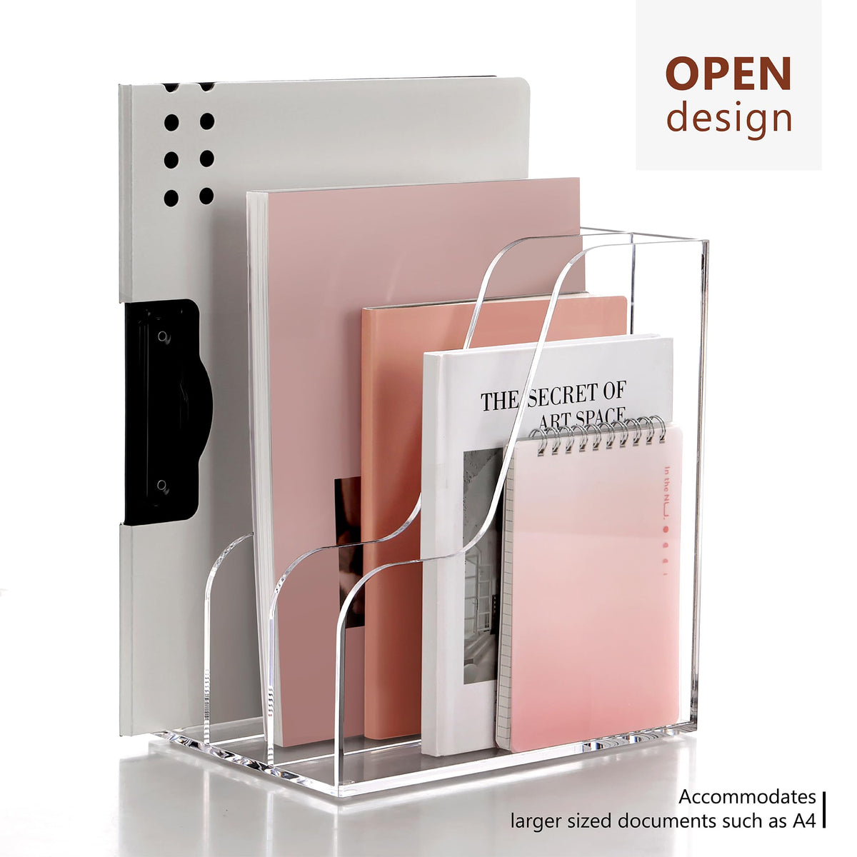 SANRUI Acrylic Desk Organizer, 3-Section Upright Magazine Holder, Clear A4
