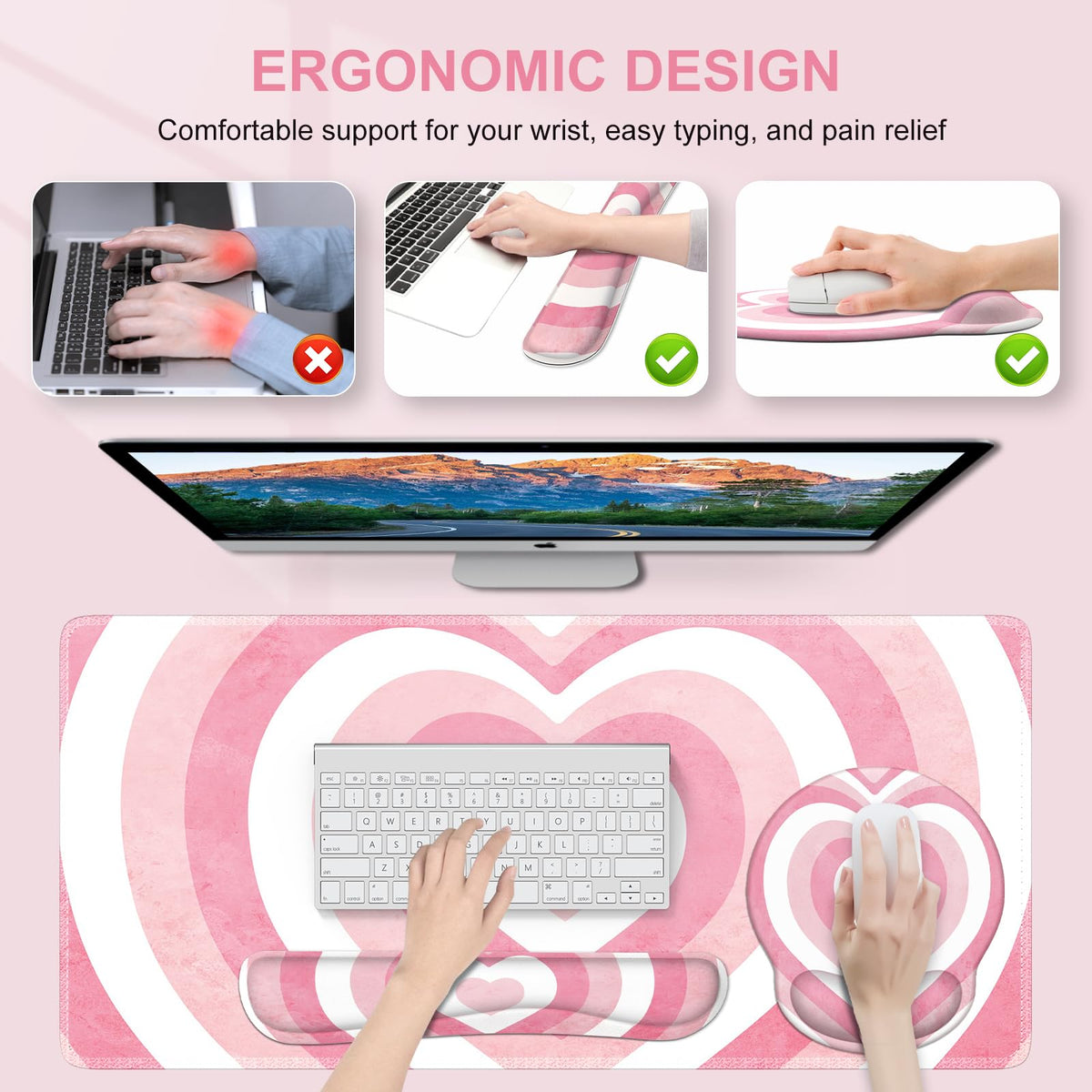 iLeadon Pink Desk Mat Set, 4in1 Mouse Pad Set with Wrist Rest
