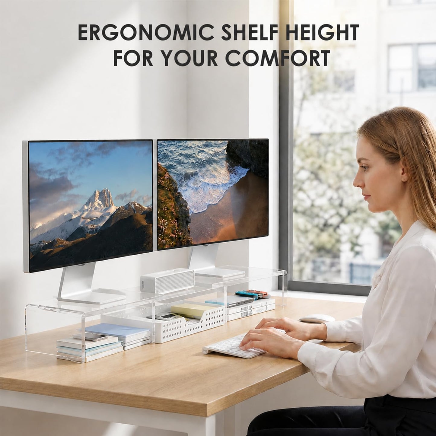 OPNICE Clear Acrylic Desk Organizers and Accessories, Dual Monitor Stand Riser with Drawer and 2