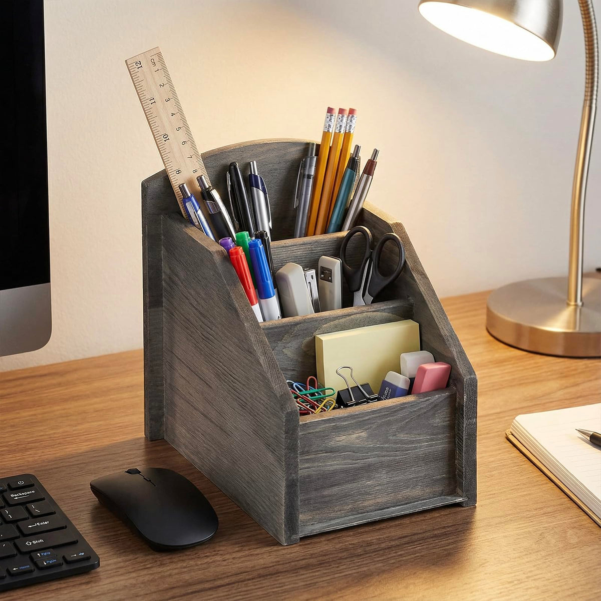 MyGift Rustic Gray Wood Remote Control Holder, 3 Compartment Caddy