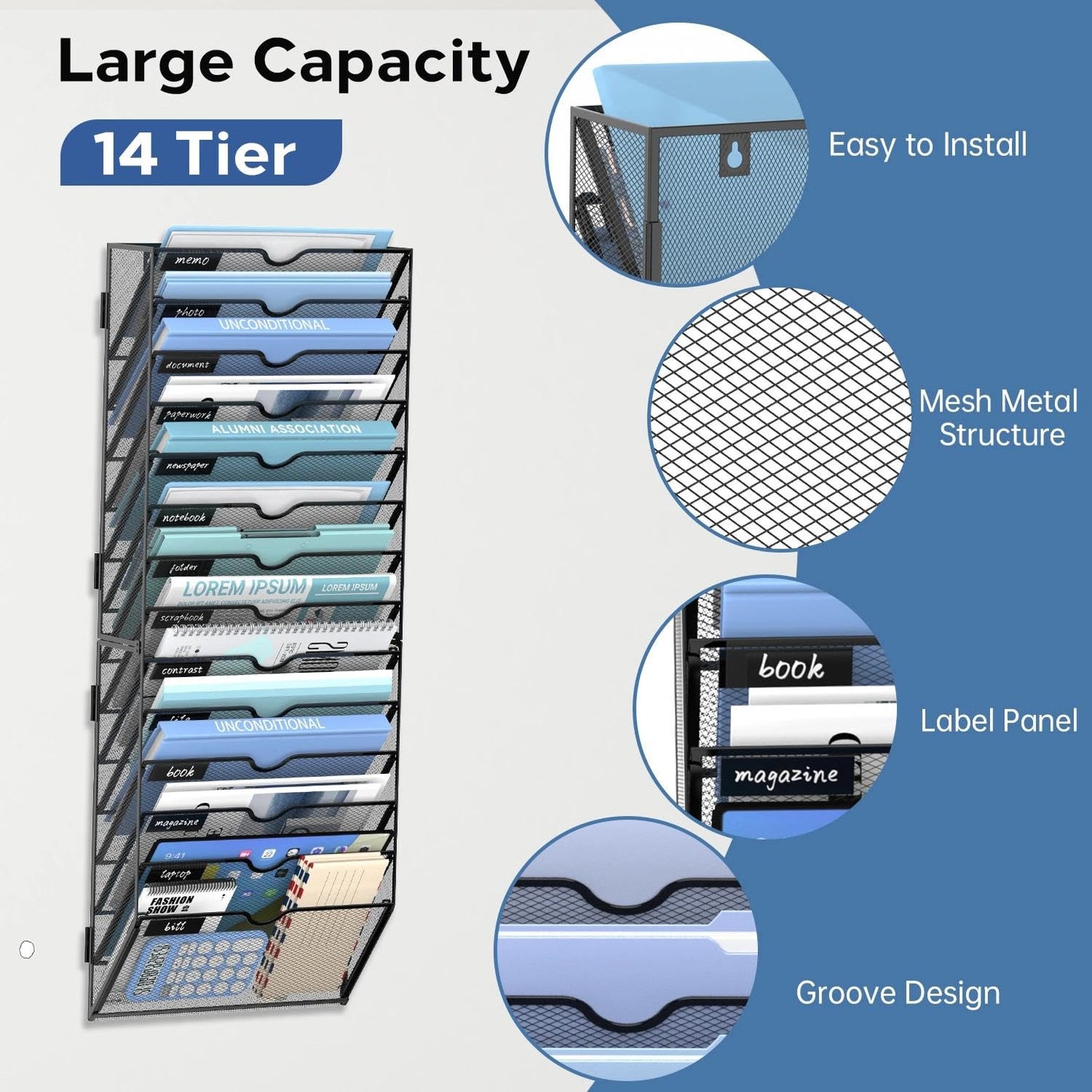 JMHUD 14-Tier Wall File Organizer and Hanging File Organizer, Black