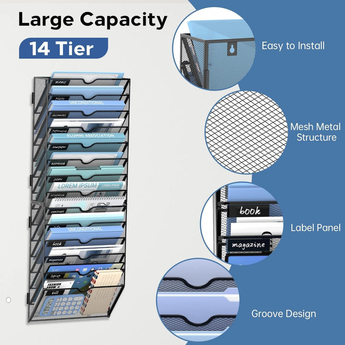 JMHUD 14-Tier Wall File Organizer and Hanging File Organizer, Black