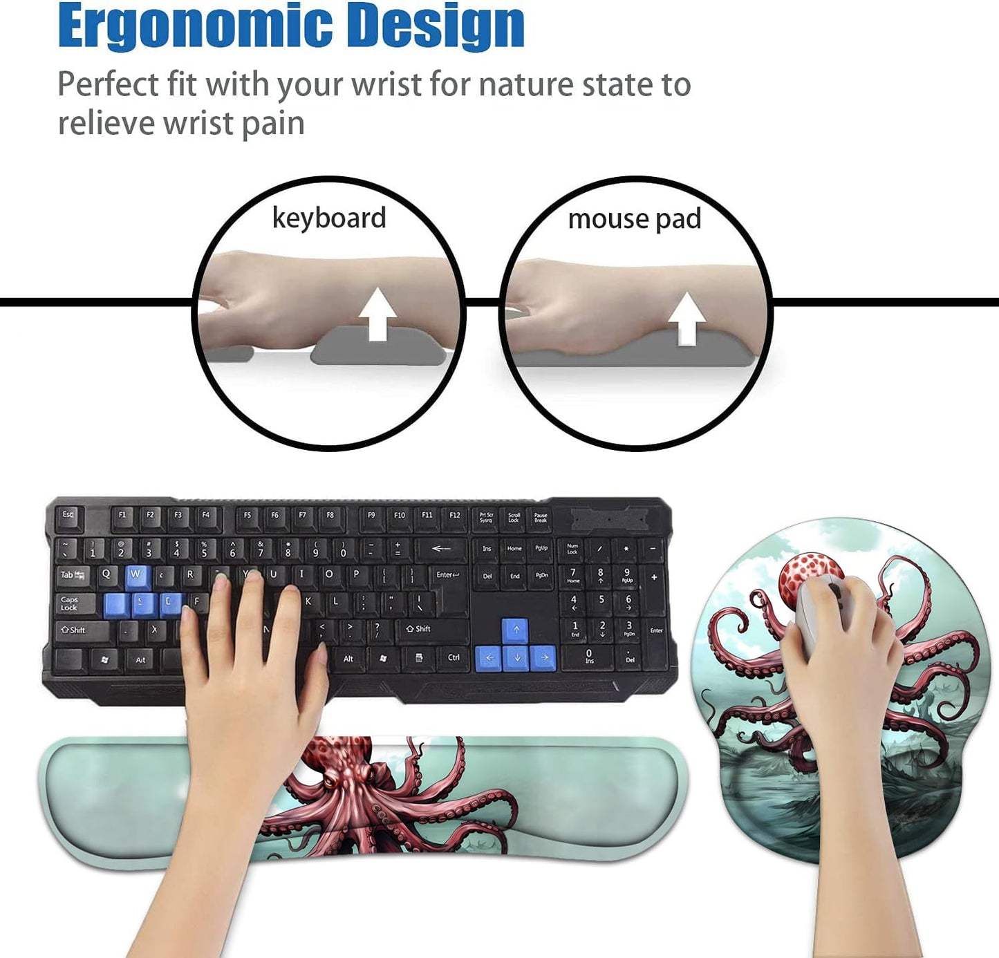 Keyboard Wrist Rest and Mouse Pad Wrist Support Set with Coasters, Non-Slip PU Base Ergonomic