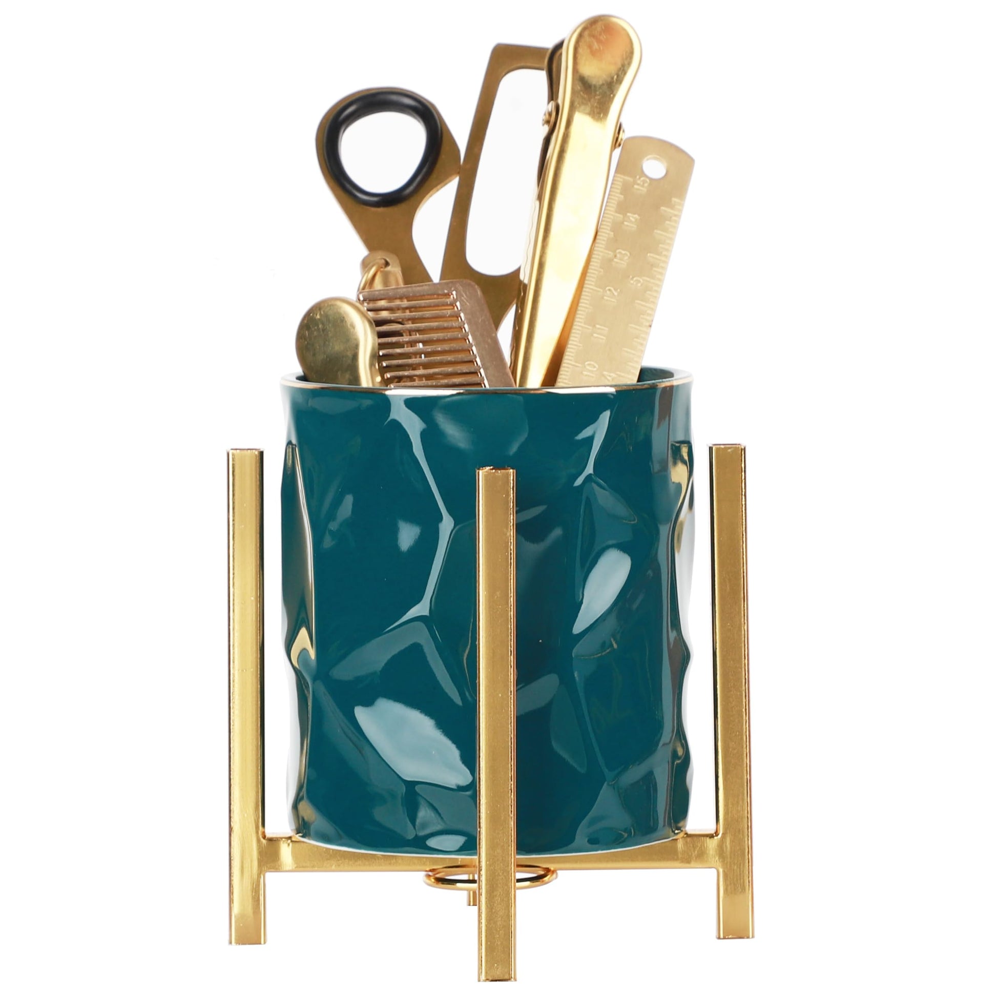 SIEBOLD Gold pencil cup Sturdy metal frame with white ceramic pen holder For desks and kitchen