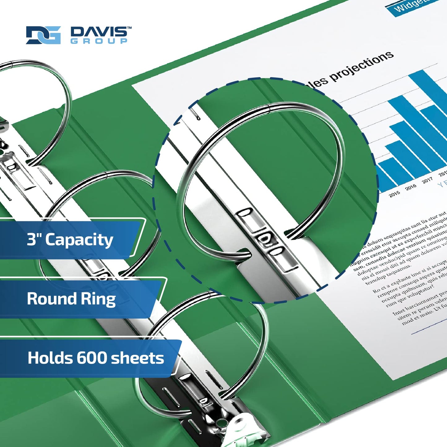 Premium Economy 3-Ring Binder, Spine Label, 3" Round Rings, Green, 6 Pack