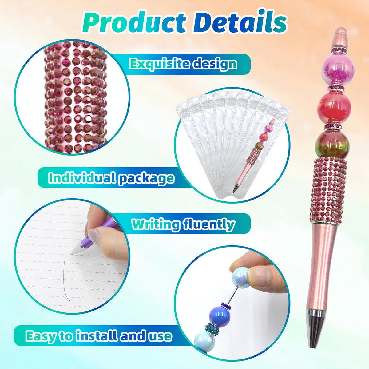 DASTTUIS 75 Pcs DIY Diamond Beadable Pen Kit - 25 Plastic Rhinestone Beaded Pens Bulk with Refills