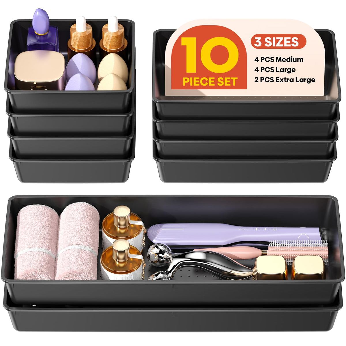 MLIKLU 10 Pack Large Size Plastic Drawer Organizers Set, 3 Sizes Desk Drawer Organizer Trays