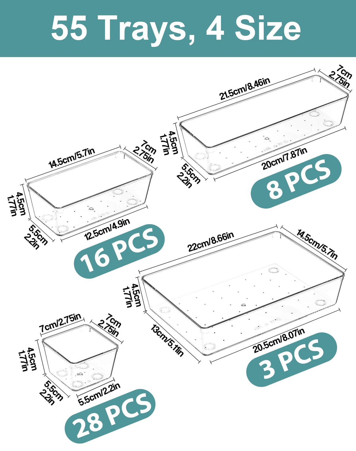 VEXTHYX 55Pcs Clear Plastic Drawer Organizers Set, 4size makeup drawer organizer trays for