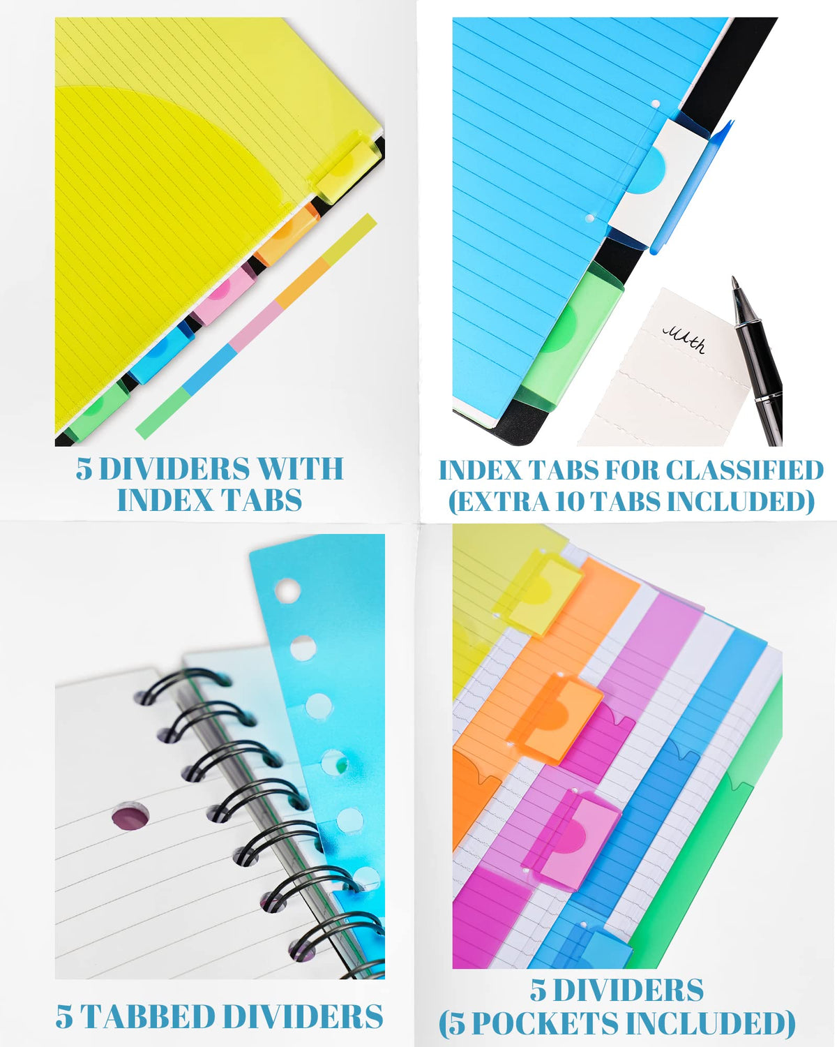 MOWEE Spiral Notebook - 5 Subject Notebook, College Ruled Notebook 3-Hole Punched With Dividers