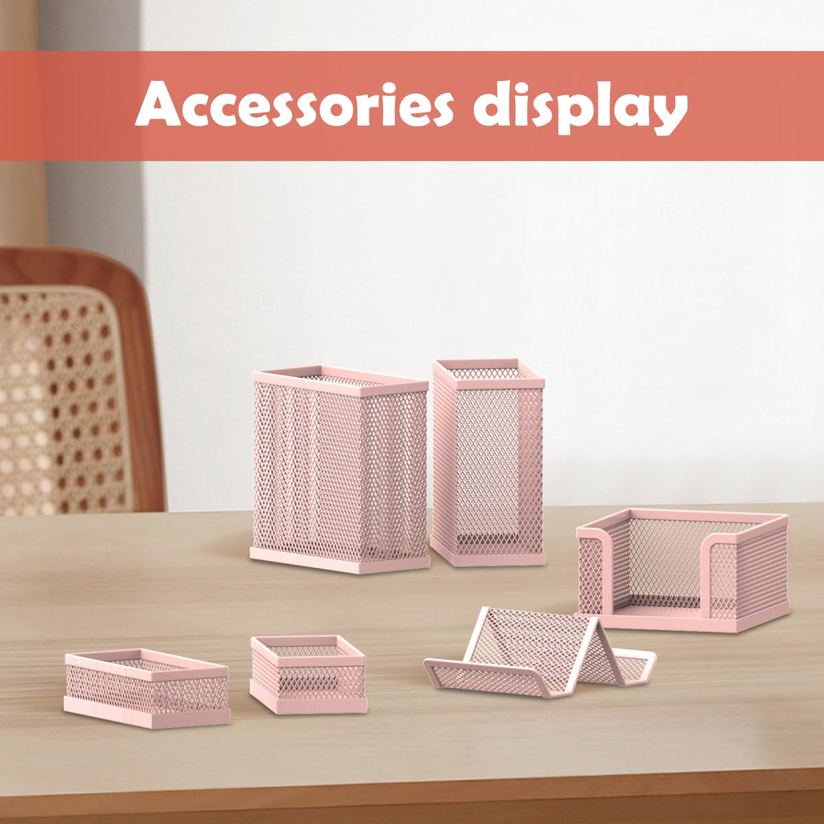 Pen Holder for Desk, 6-Piece Mesh Desk Organizer with Phone Holder, Pink