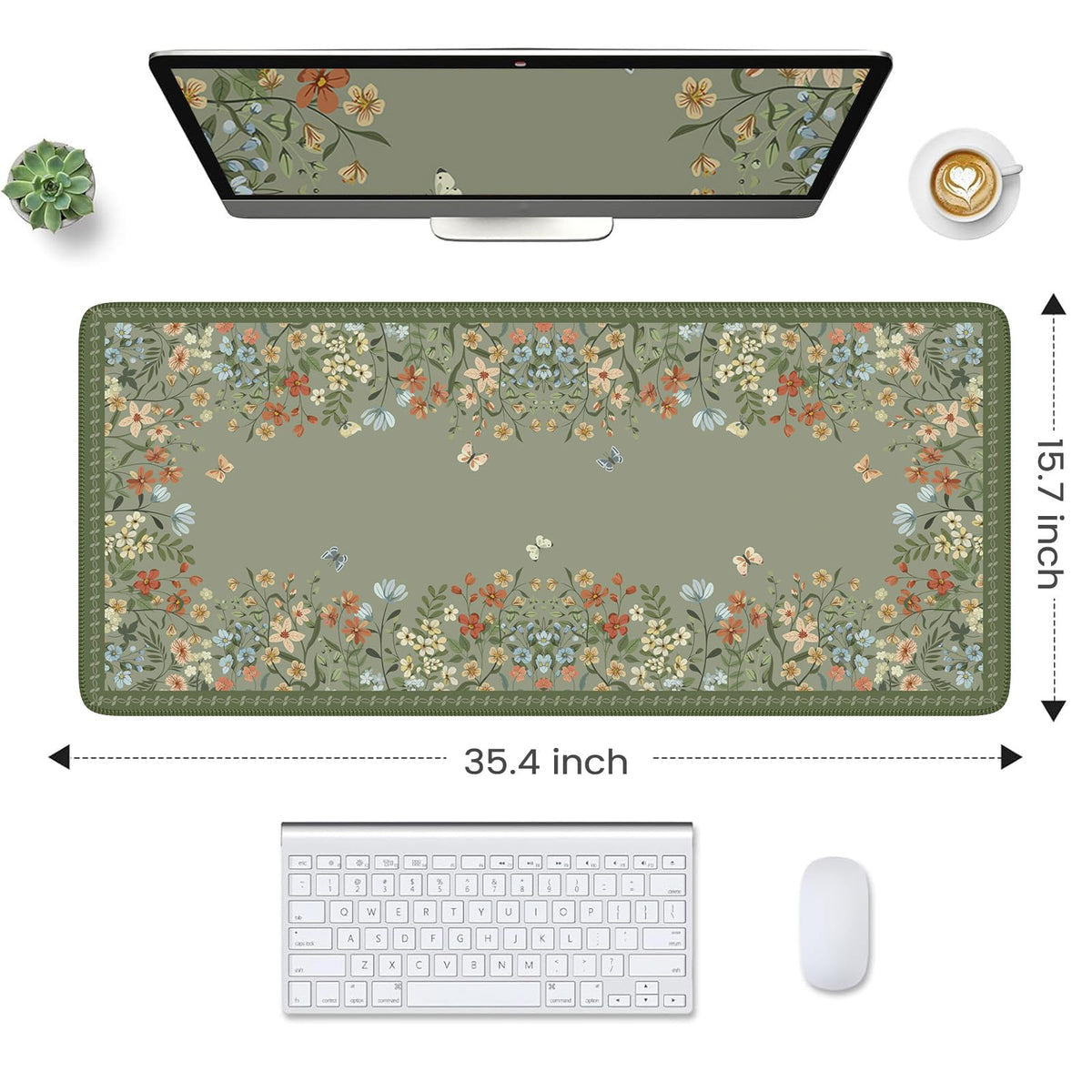 HAOCOO Dark Green Floral Desk Mat, XL Mouse Pad for Keyboard, Non-Slip Base