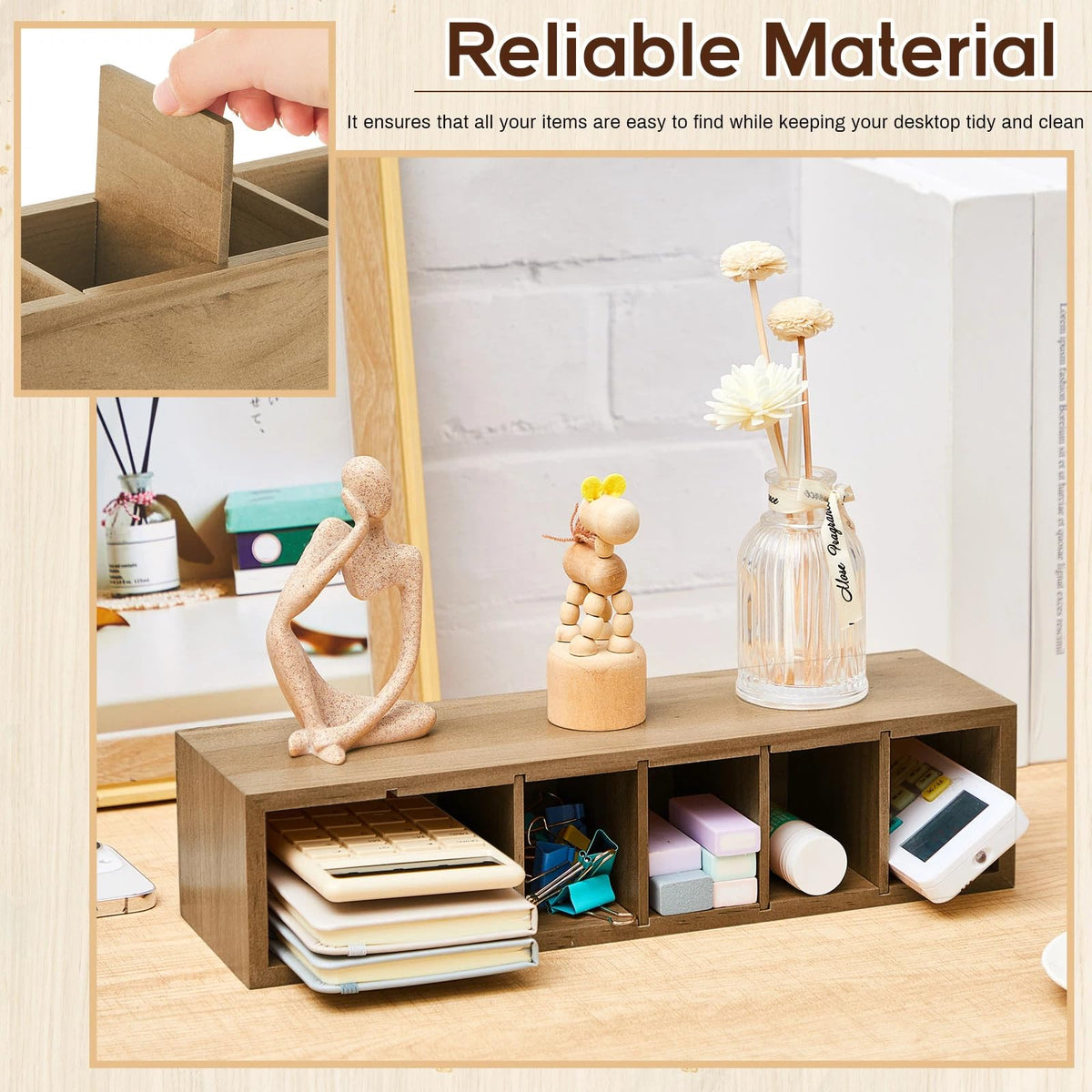 Jetec Wooden Pencil Pen Holder for Desk, Wood Color, 6 Compartments