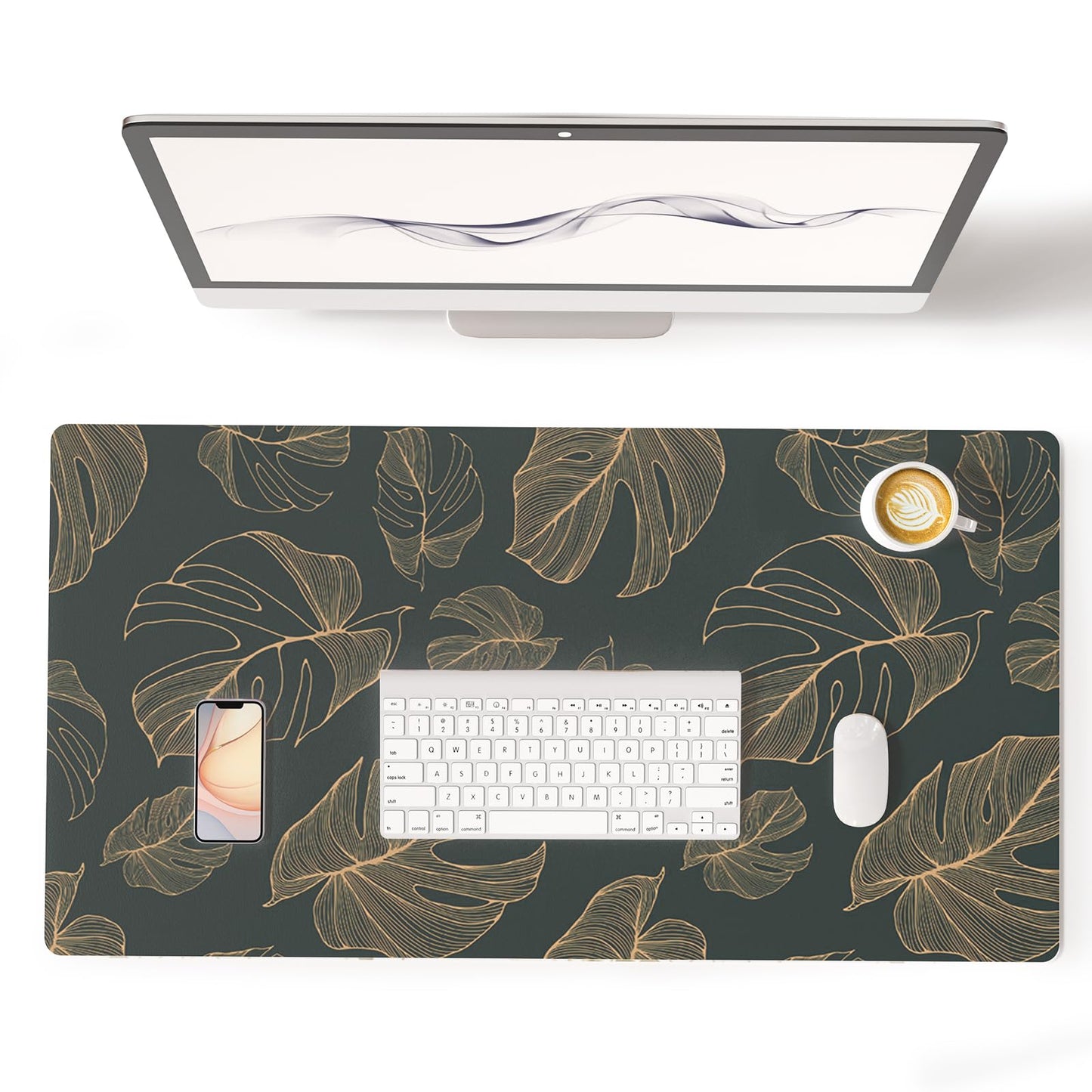 Colorful Star Monstera Leaves PU Leather Desk Mat, 31.5" x 15.7"