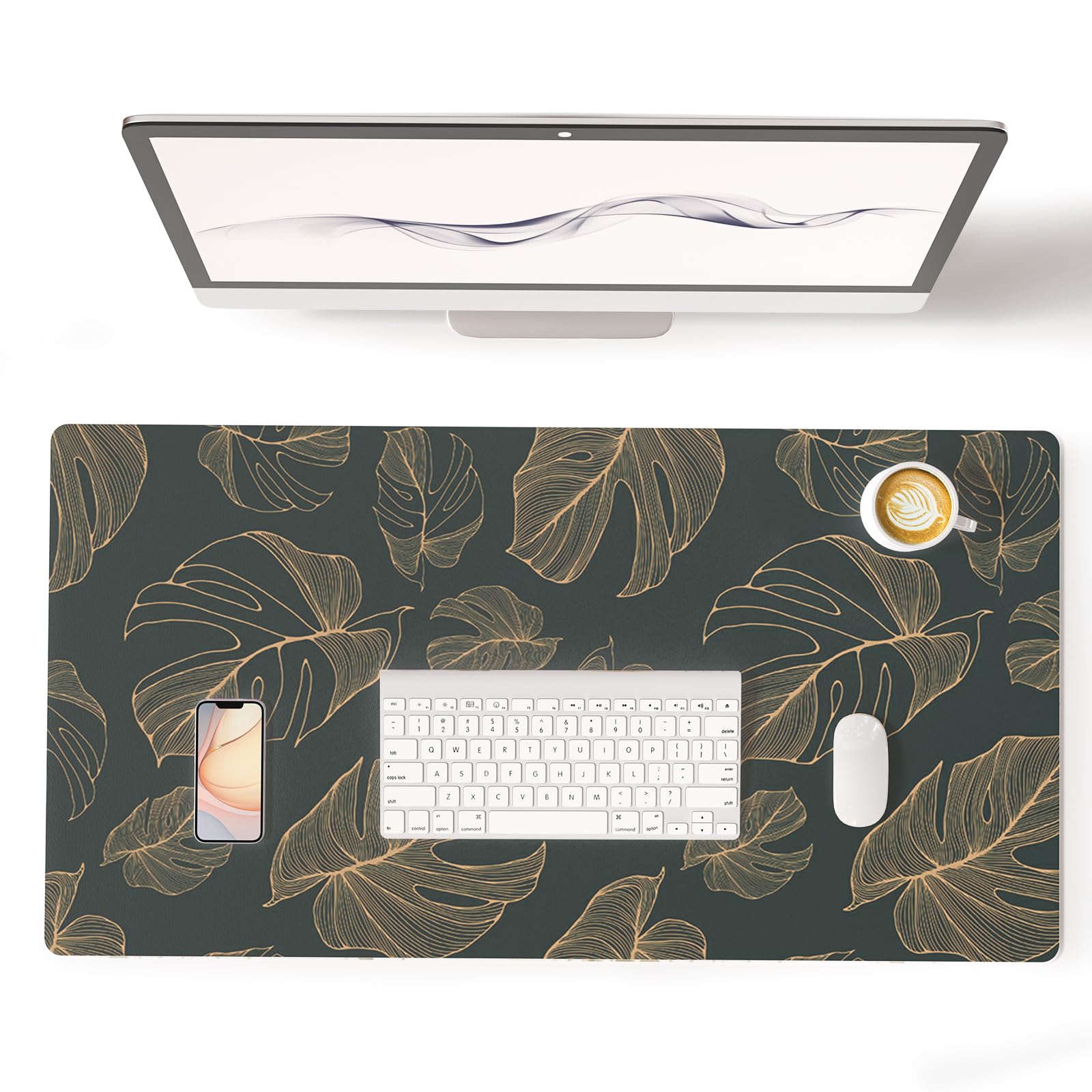 Colorful Star Monstera Leaves PU Leather Desk Mat, 31.5" x 15.7"