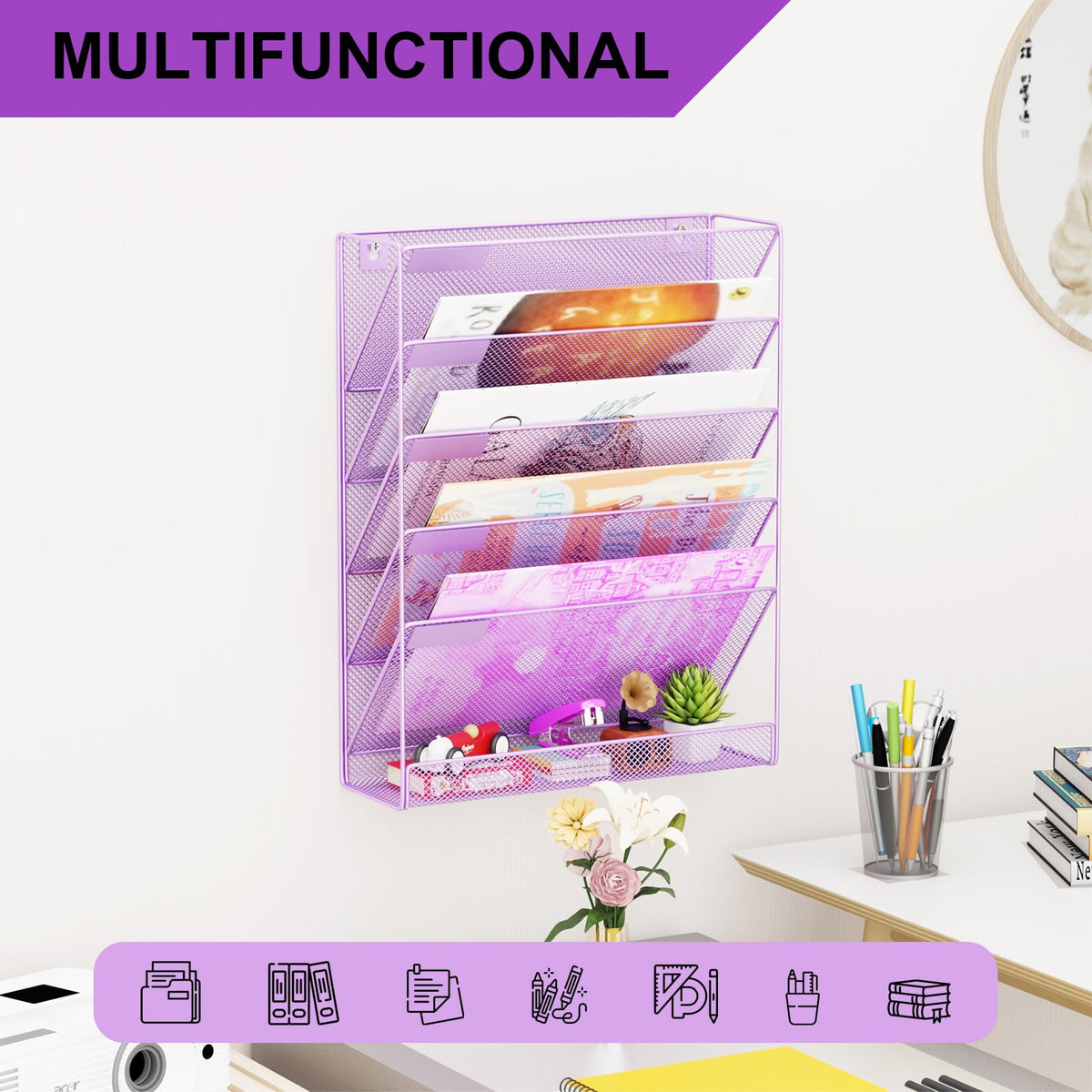 GDINDINFAN Wall File Organizer Holder Mesh Hanging Paper Document Holder, Vertical 6 Pocket Tier