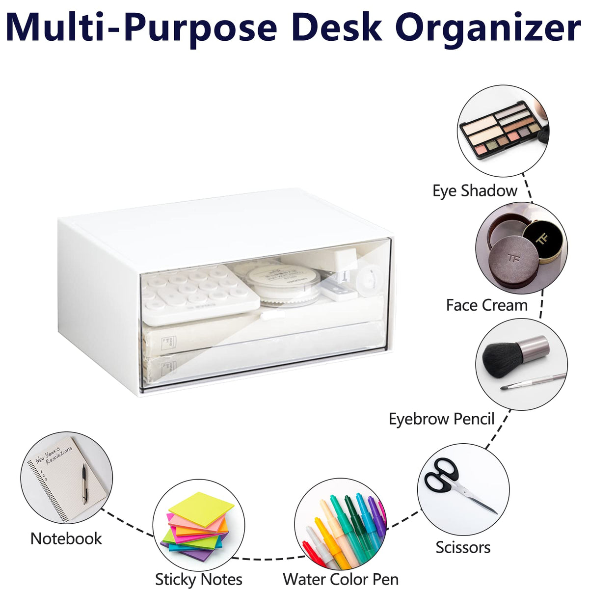 Desk Drawer Organizer, Stackable Storage Drawers, Plastic White Desk Organizers Great for Makeup