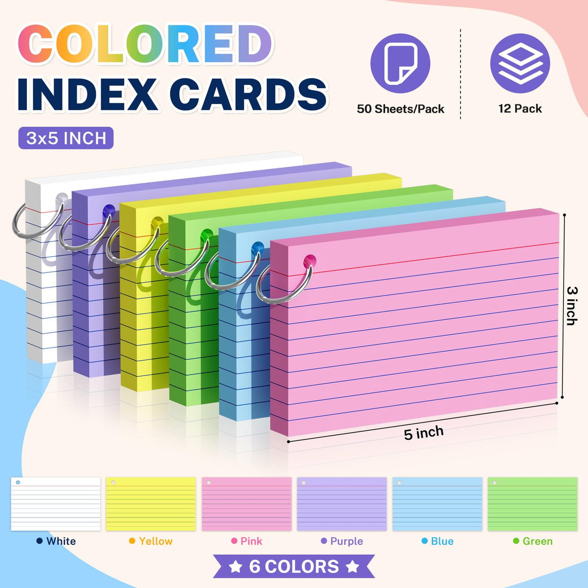 600 Pcs Index Cards 3x5, Colored Index Cards With Ring 6 Colors Flashcards